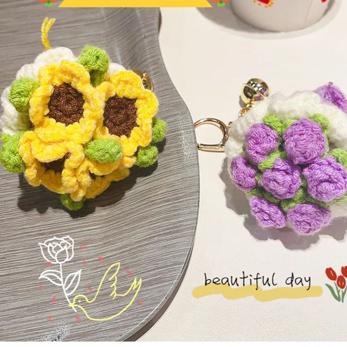 Lovely Gift Wool Knitted Bouquet Keychain Simulation Sunflower Bag Charm Pendant Graduation Gift - MyPhotoSocksAu