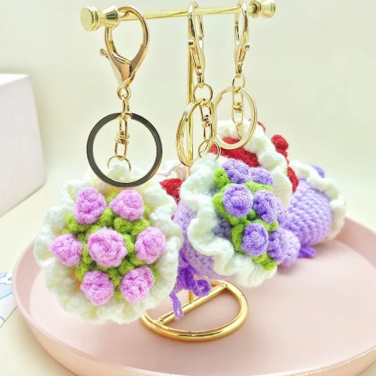 Lovely Gift Wool Knitted Bouquet Keychain Simulation Sunflower Bag Charm Pendant Graduation Gift - MyPhotoSocksAu