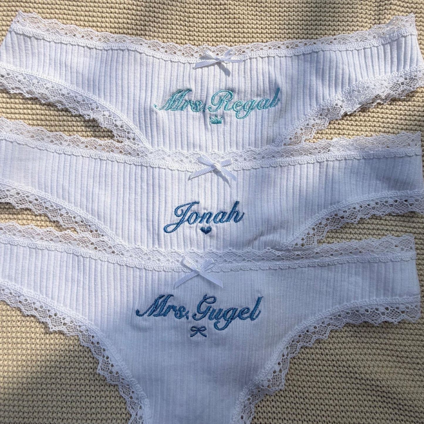 Personalized Cotton Thong – Custom Embroidered Name, Bridal Lingerie, Wedding Gift - MyPhotoSocksAu