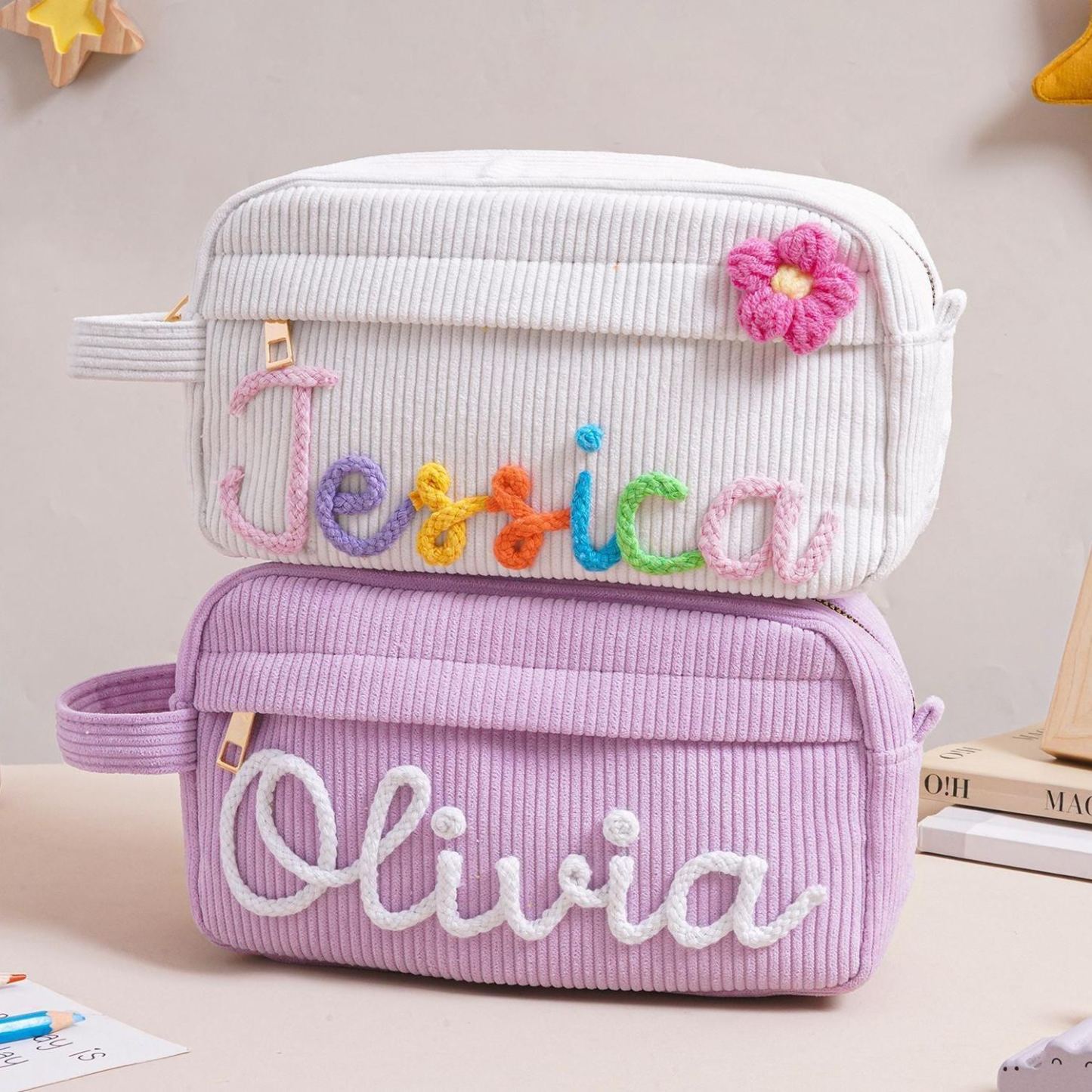 Personalized Corduroy Pencil Case, Custom Name Corduroy Pouch, Back to School Gift, Monogram Pencil Bag with Yarn Name, Gift for Kids - MyPhotoSocksAu
