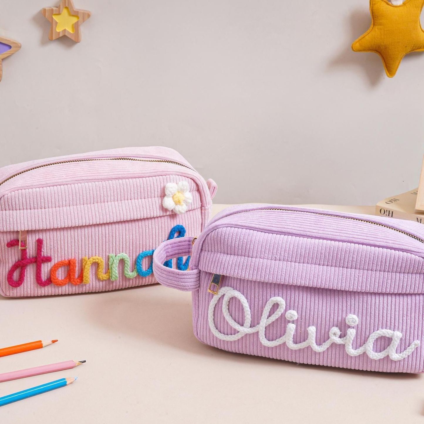 Personalized Corduroy Pencil Case, Custom Name Corduroy Pouch, Back to School Gift, Monogram Pencil Bag with Yarn Name, Gift for Kids - MyPhotoSocksAu