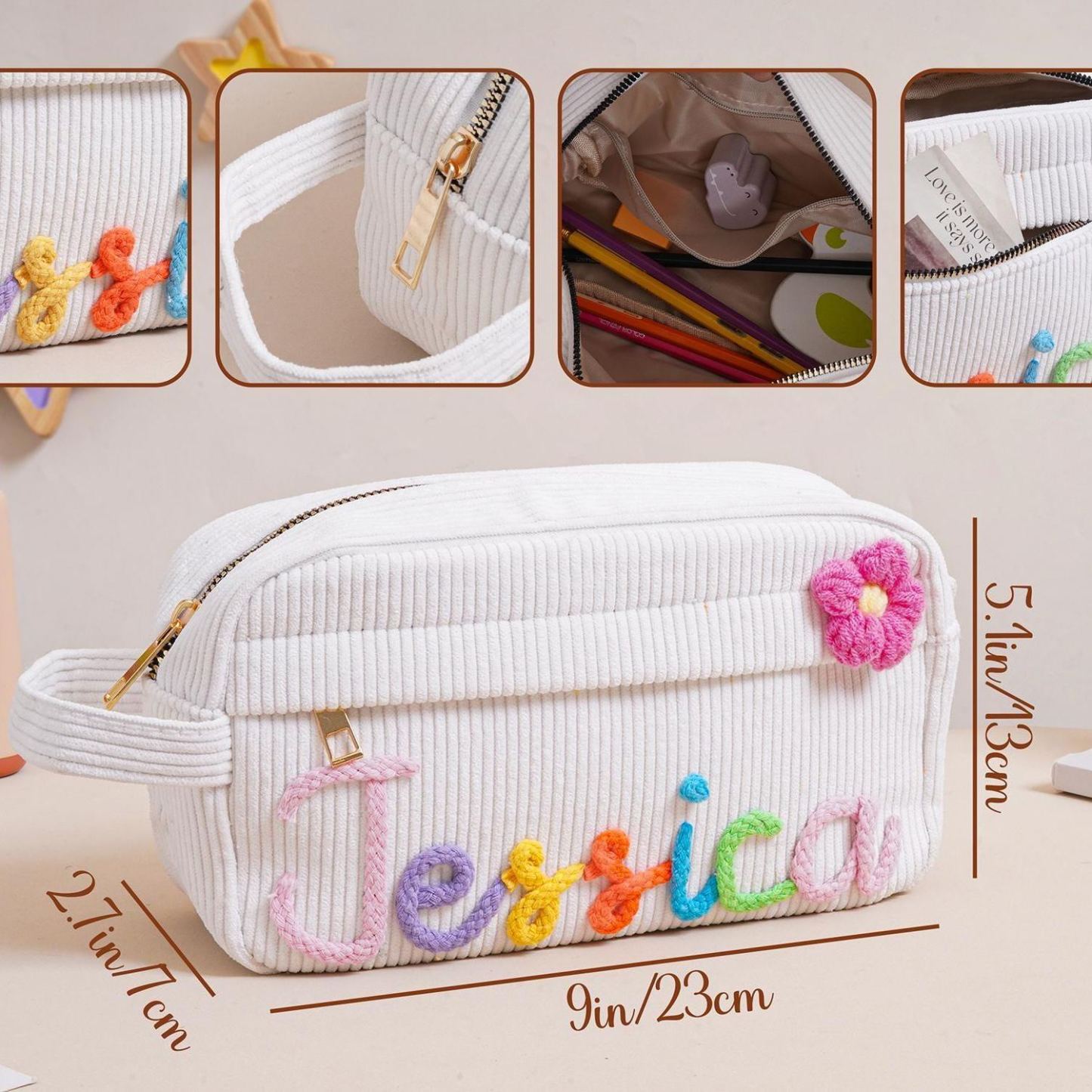 Personalized Corduroy Pencil Case, Custom Name Corduroy Pouch, Back to School Gift, Monogram Pencil Bag with Yarn Name, Gift for Kids - MyPhotoSocksAu
