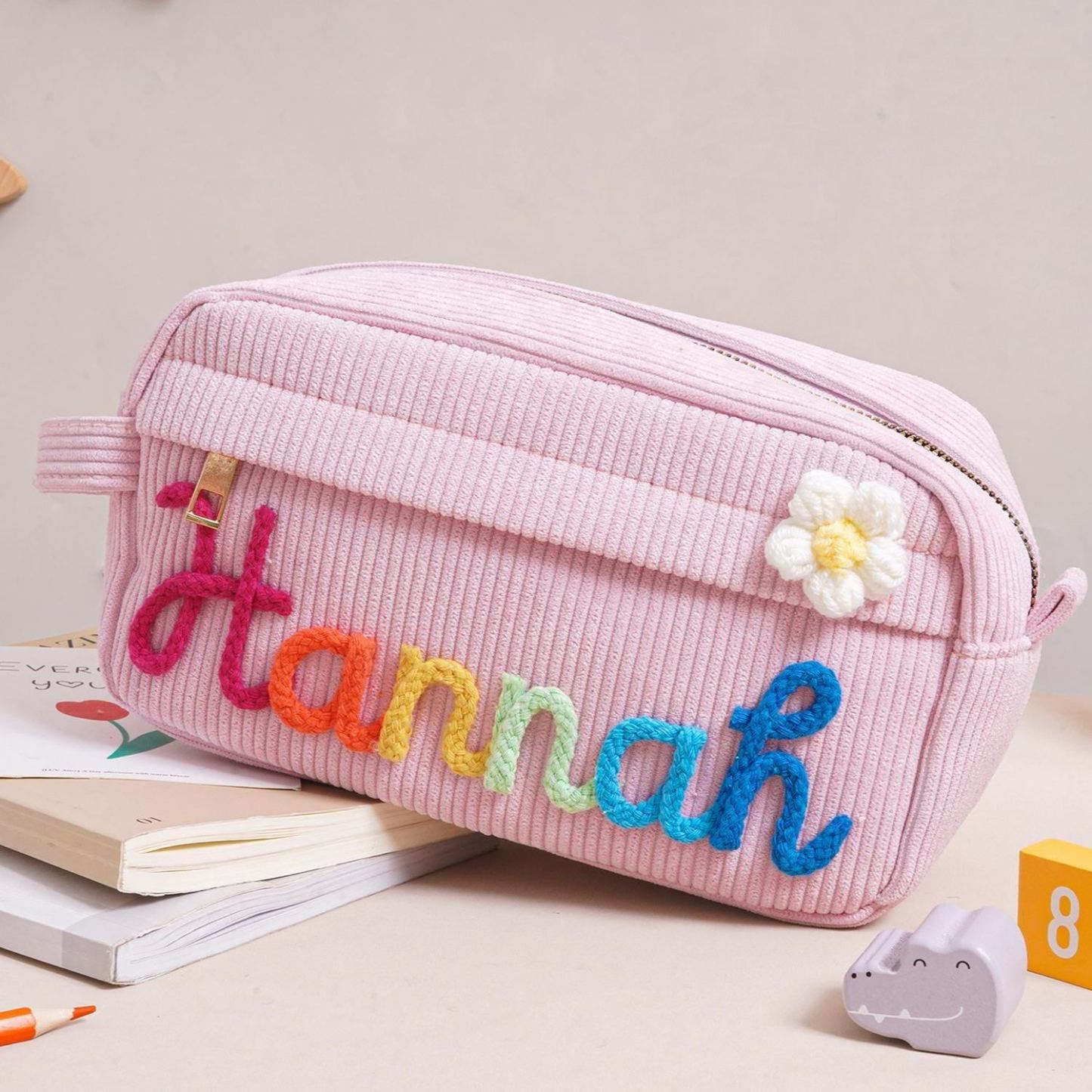 Personalized Corduroy Pencil Case, Custom Name Corduroy Pouch, Back to School Gift, Monogram Pencil Bag with Yarn Name, Gift for Kids - MyPhotoSocksAu