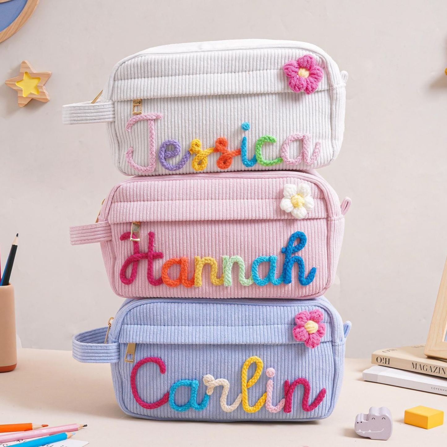 Personalized Corduroy Pencil Case, Custom Name Corduroy Pouch, Back to School Gift, Monogram Pencil Bag with Yarn Name, Gift for Kids - MyPhotoSocksAu