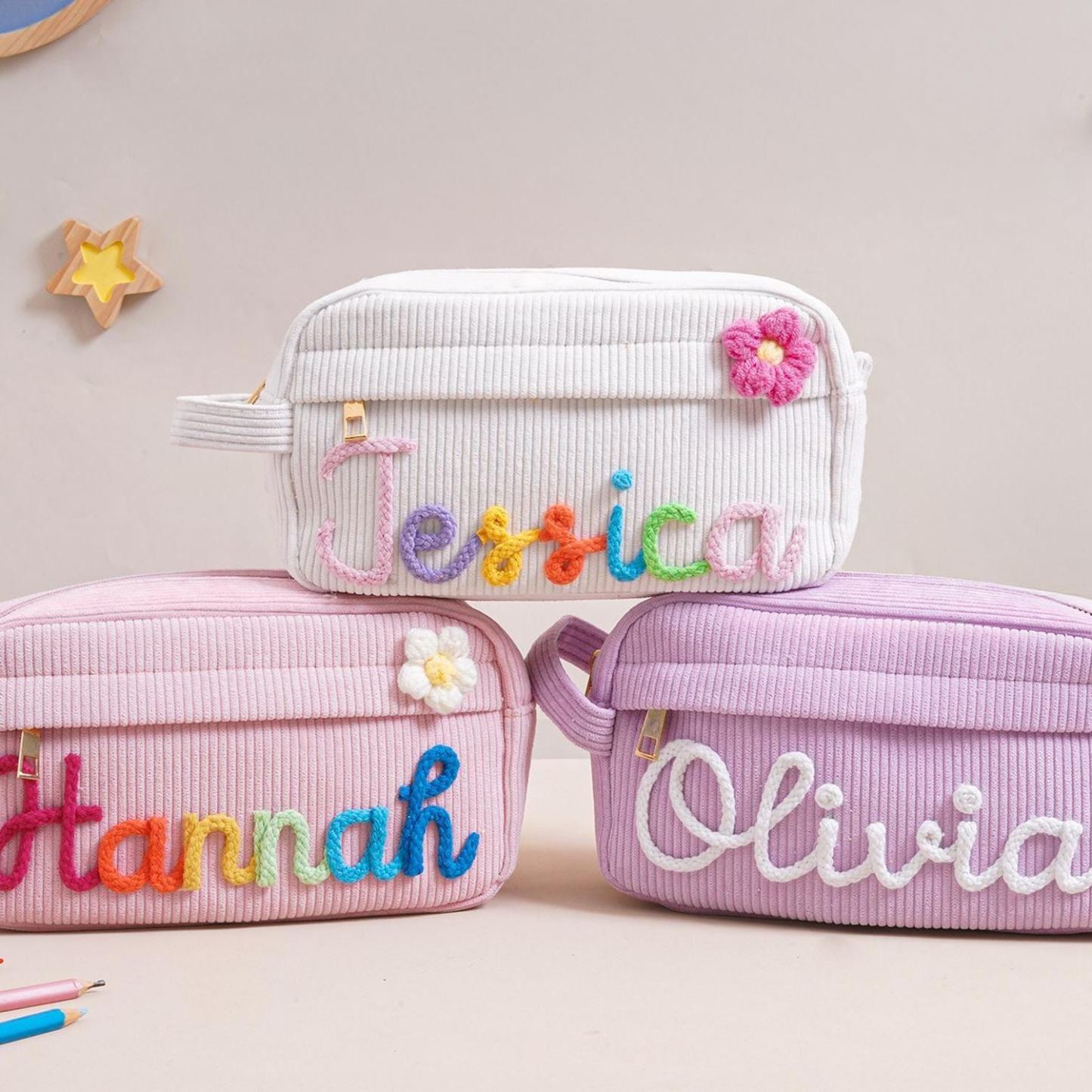Personalized Corduroy Pencil Case, Custom Name Corduroy Pouch, Back to School Gift, Monogram Pencil Bag with Yarn Name, Gift for Kids - MyPhotoSocksAu