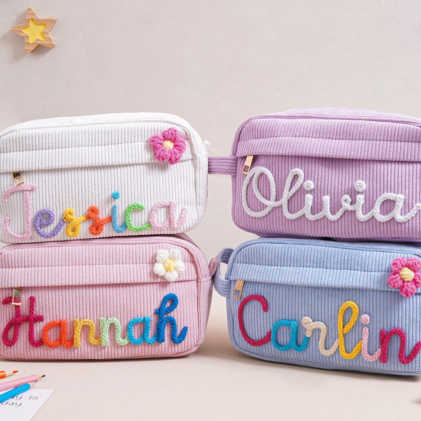 Personalized Corduroy Pencil Case, Custom Name Corduroy Pouch, Back to School Gift, Monogram Pencil Bag with Yarn Name, Gift for Kids - MyPhotoSocksAu
