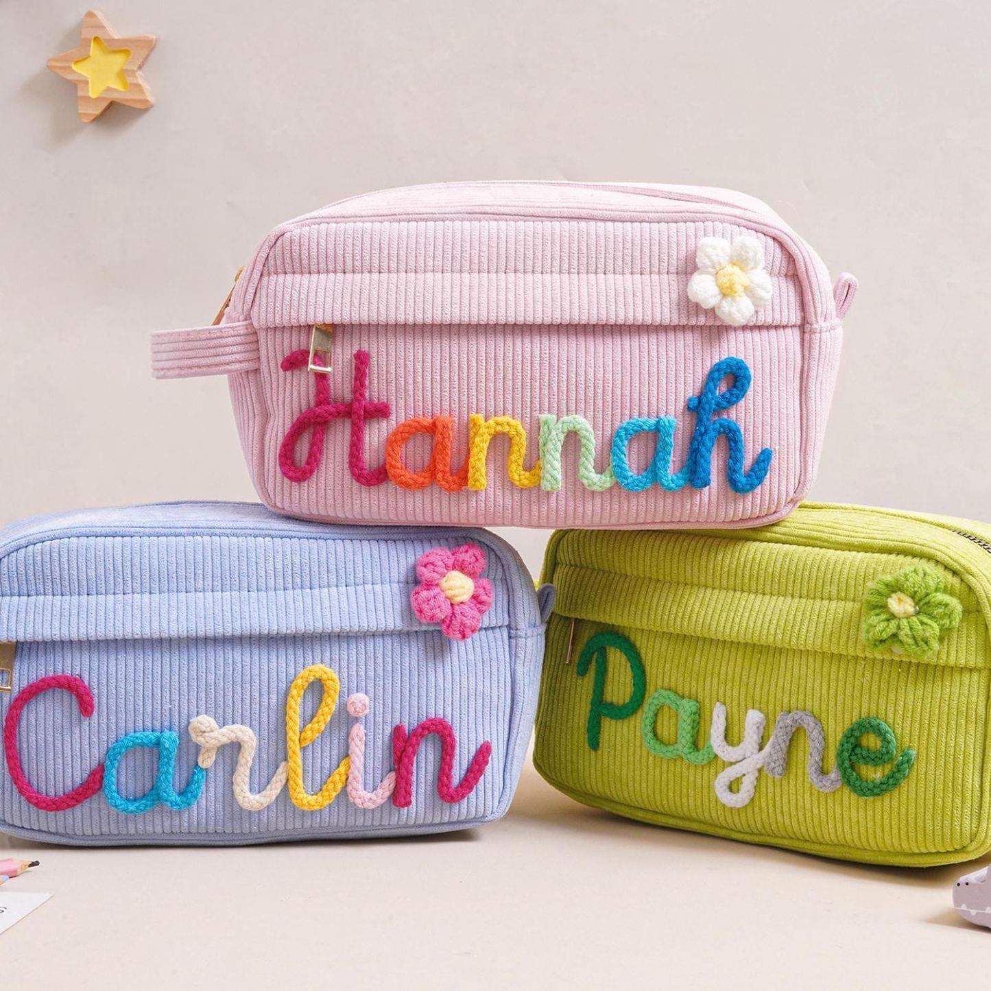 Personalized Corduroy Pencil Case, Custom Name Corduroy Pouch, Back to School Gift, Monogram Pencil Bag with Yarn Name, Gift for Kids - MyPhotoSocksAu