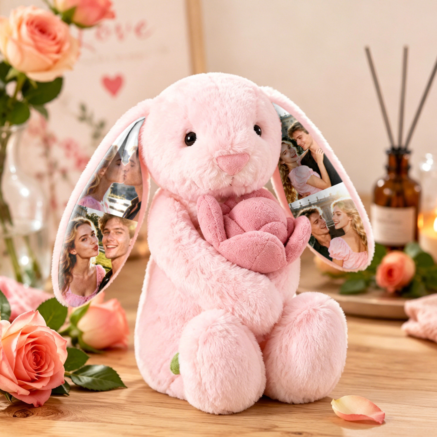 Custom Photo Pink Rose Bunny Plush Personalized Hidden Ear Picture Bunny Gift for Couples Anniversary Gifts - MyPhotoSocksAu