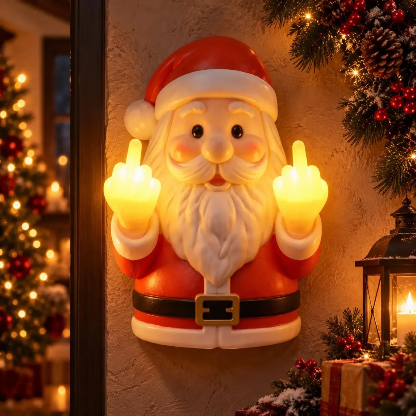 Funny Santa Middle Finger Wall Light, Christmas Novelty Decor, Warm LED Santa Lamp, Adult Holiday Gift, Cheeky Christmas Wall Accent - MyPhotoSocksAu