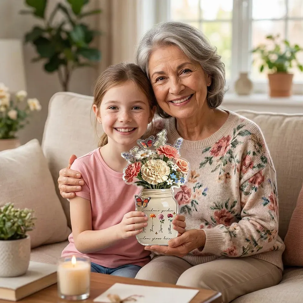 Personalized Shaped Acrylic Block Plaque Grandma's Garden Flower Jar for Shelf Decor, Unique Mother's Day Gift for Grandma - MyPhotoSocksAu