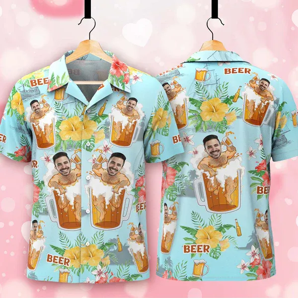 Custom Face Hawaiian Shirt Beer Print Personalized Aloha Beach Shirt Party Gift for Men - MyPhotoSocksAu
