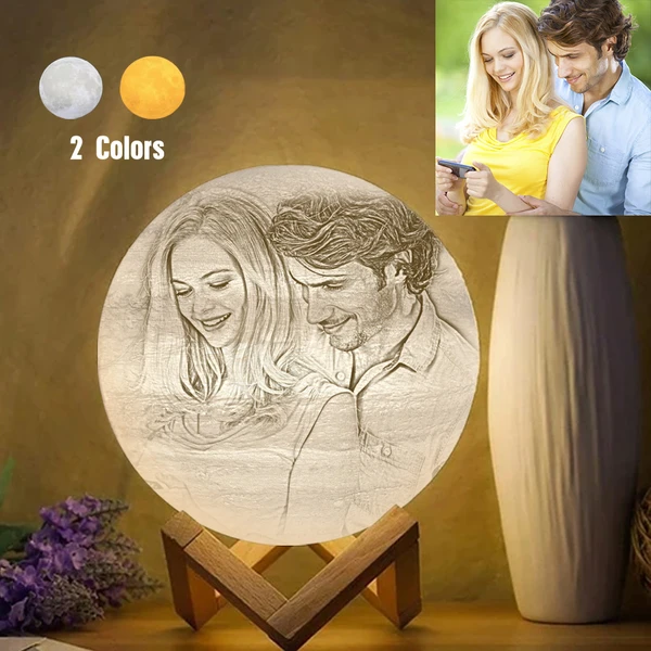 Personalized 3D Photo Moon Lamp & With Your Text - Touch 2 Colors - MyPhotoSocksAu