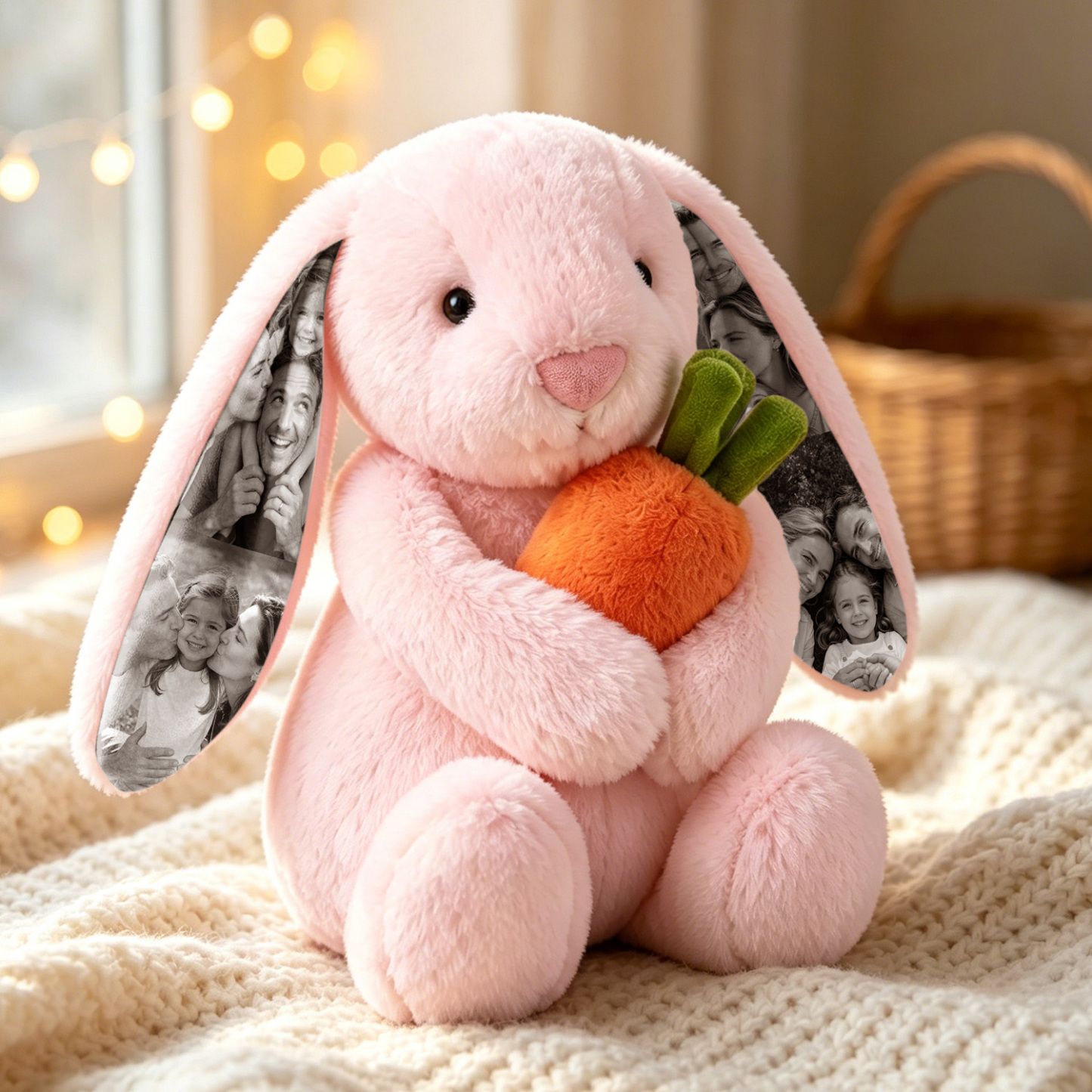 Custom Photo Pink Rose Bunny Plush Personalized Hidden Ear Picture Bunny Gift for Couples Anniversary Gifts - MyPhotoSocksAu