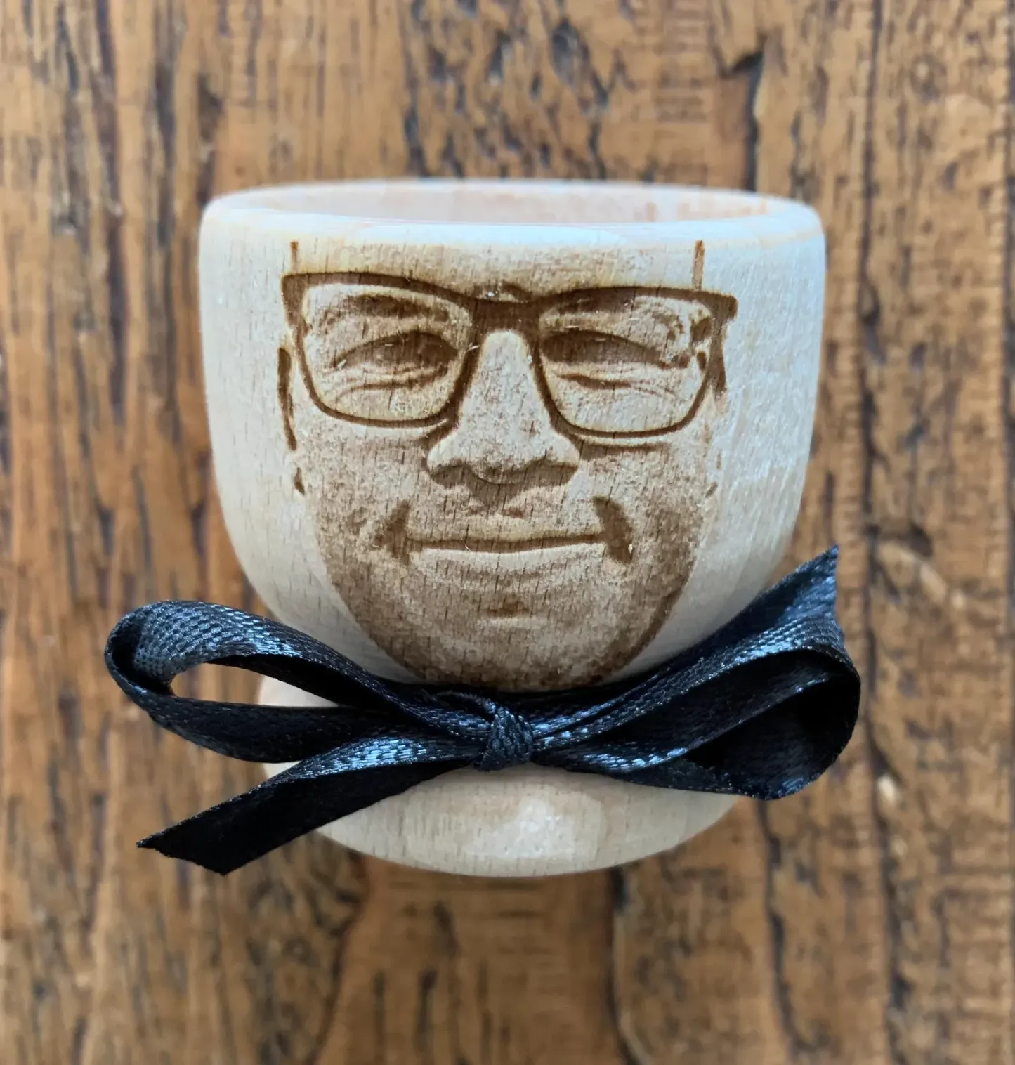 Custom Photo Face Egg Cup, Bald Personalised Wooden Gift for Easter and Breakfast Fun - MyPhotoSocksAu
