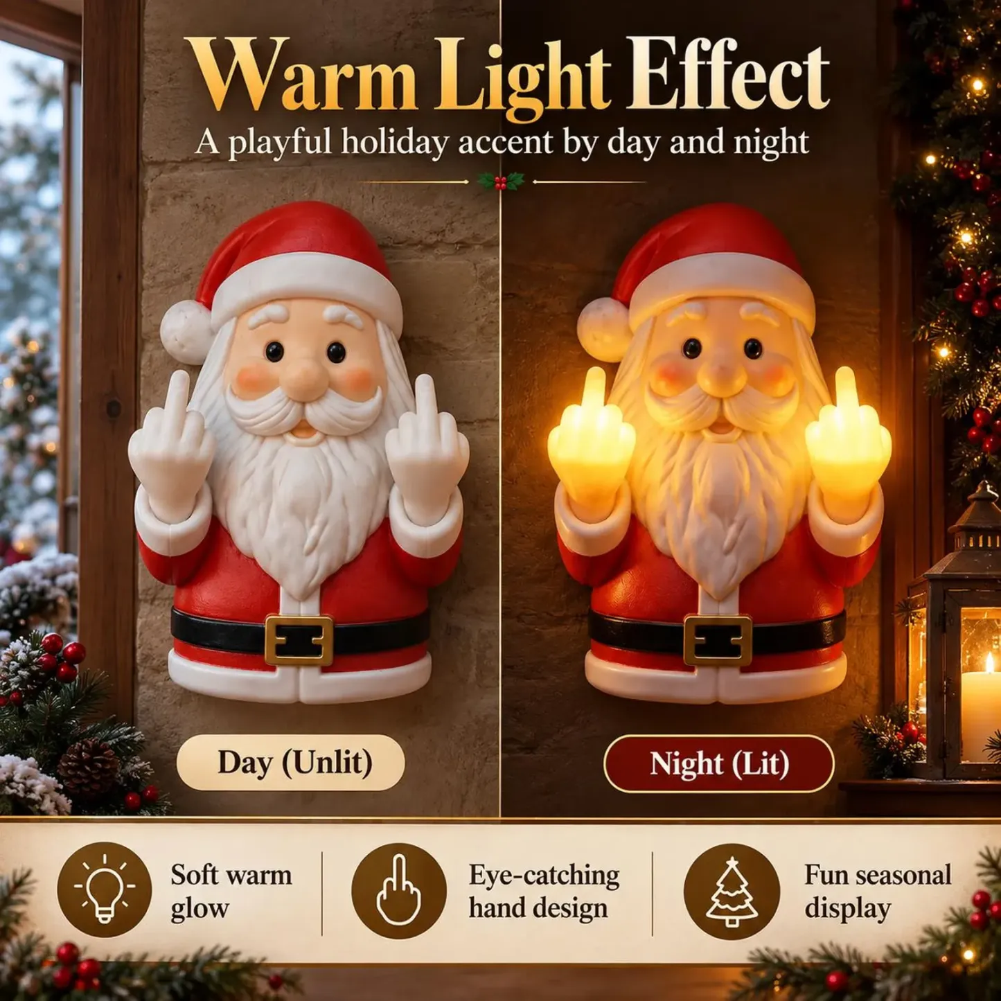 Funny Santa Middle Finger Wall Light, Christmas Novelty Decor, Warm LED Santa Lamp, Adult Holiday Gift, Cheeky Christmas Wall Accent - MyPhotoSocksAu