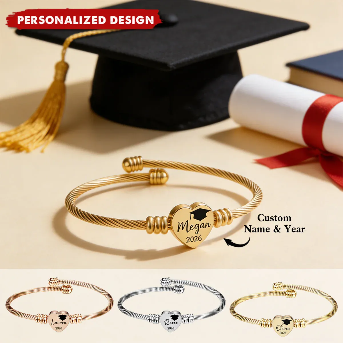Personalized Graduation Heart Bracelet - Custom Name & Year Gift for Her - MyPhotoSocksAu