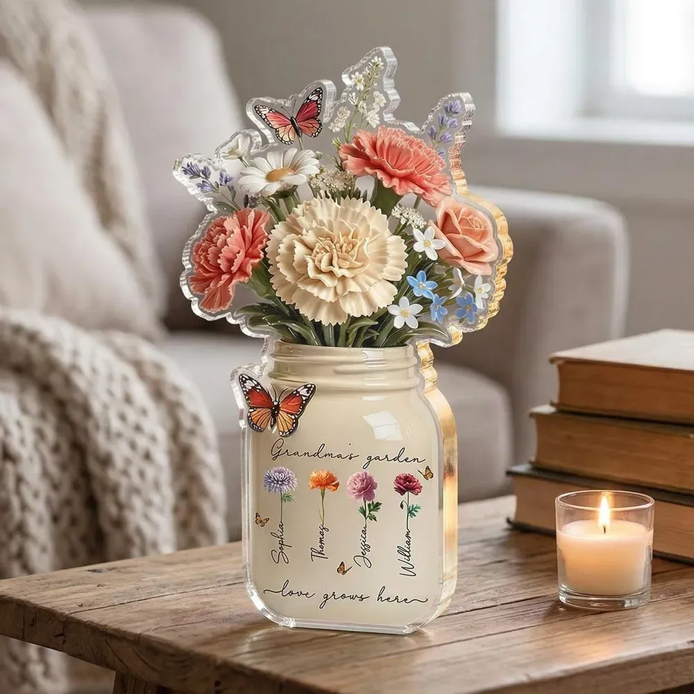 Personalized Shaped Acrylic Block Plaque Grandma's Garden Flower Jar for Shelf Decor, Unique Mother's Day Gift for Grandma - MyPhotoSocksAu