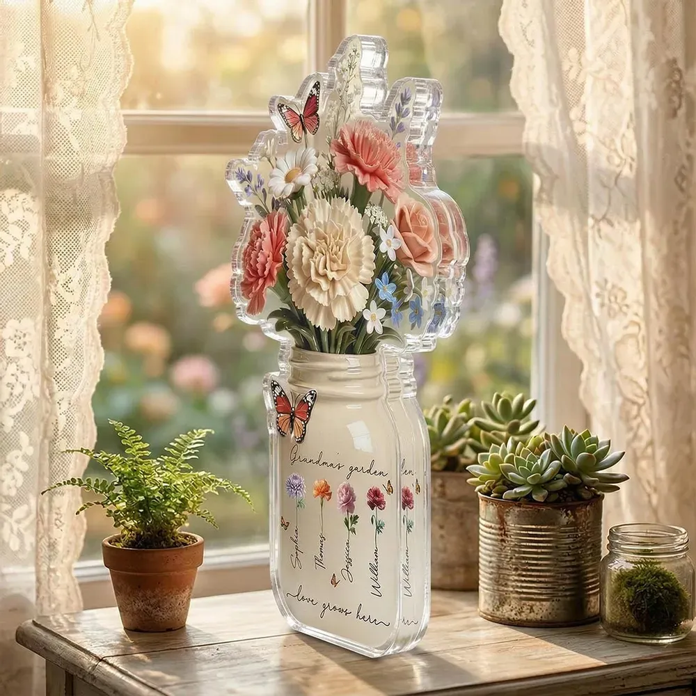 Personalized Shaped Acrylic Block Plaque Grandma's Garden Flower Jar for Shelf Decor, Unique Mother's Day Gift for Grandma - MyPhotoSocksAu