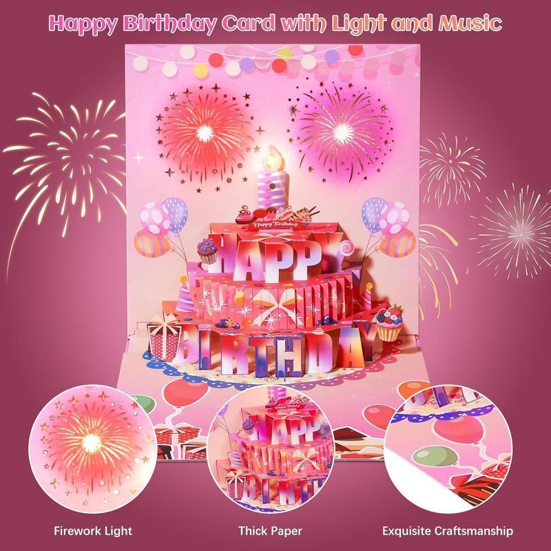 Cake Fireworks LED Candle Lights, 3D Birthday Card with Music and Colorful Lights, Musical Happy Pop-Up Birthday Card, Musical Birthday Gift Card for Kids, Wife, Husband, Grandpa, Grandma, Daughter, Son - MyPhotoSocksAu