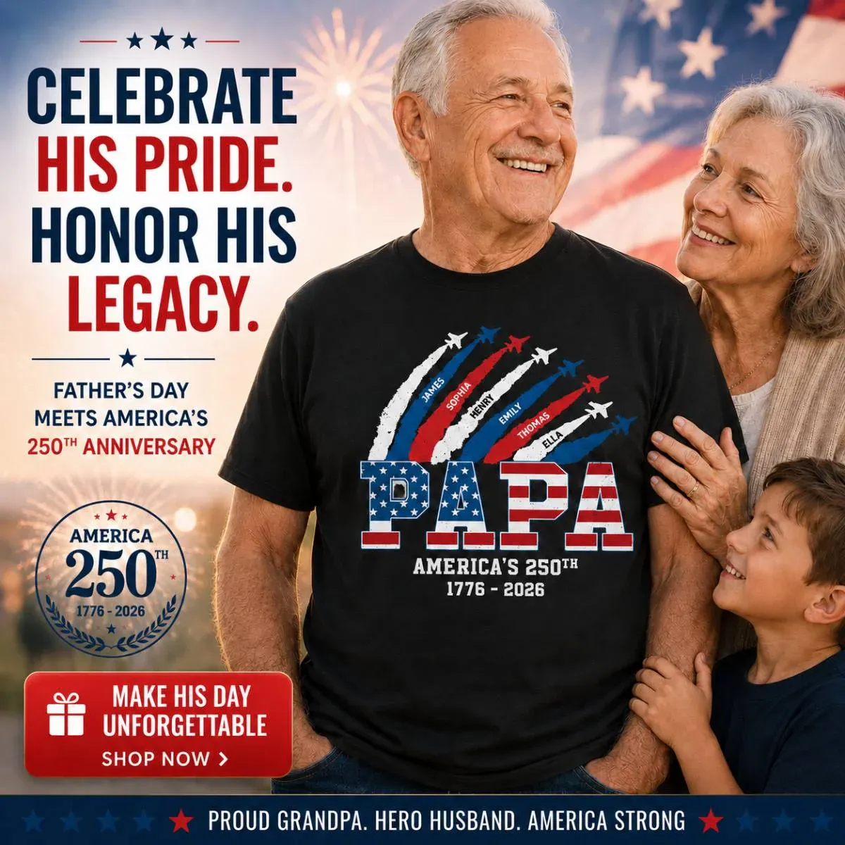 Proud Dad Grandpa Nation Flag American 250th Anniversary - Personalized Shirt - Cool Father's Day Gift For Dad, Grandpa - MyPhotoSocksAu