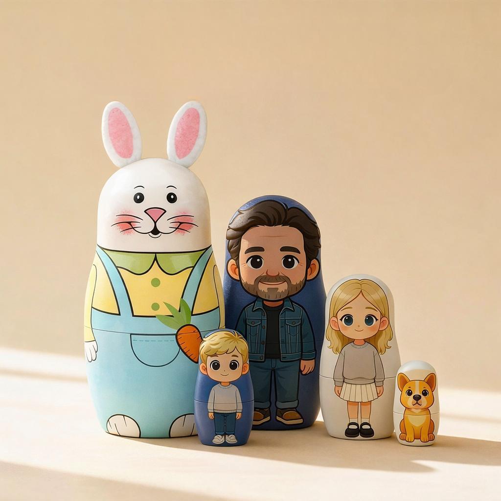 Personalized Portrait Nesting Doll Custom Photo Family Portrait Cartoon Style Easter Gift - MyPhotoSocksAu