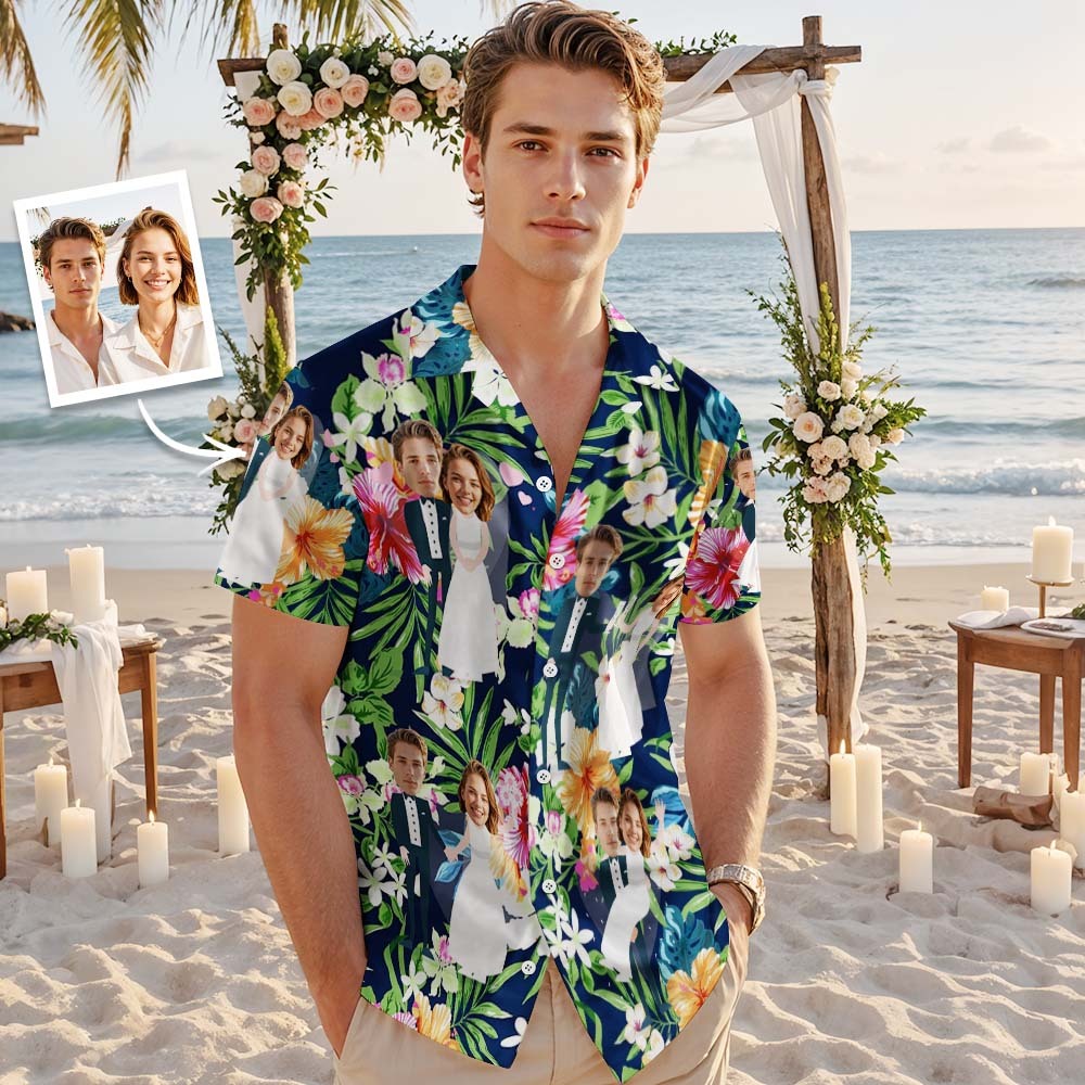 Custom Face Hawaiian Shirt Wedding Couple Face Hawaiian Shirt Personalized White Leaves Wedding Dress - MyFaceUnderwearAU