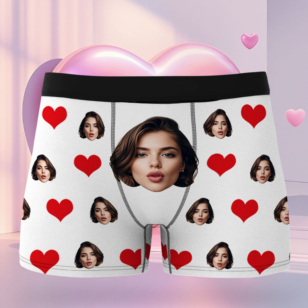 Custom Men's Face Boxer Red Heart Boxers Face Boxer Briefs Personalized White Face Boxer Briefs Valentine's Day Underwear Gift - MyFaceUnderwearAU
