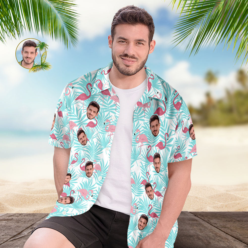 Custom Face Hawaiian Shirts Colorful Light Blue Flamingos Face Hawaiian Shirt - MyFaceUnderwearAU