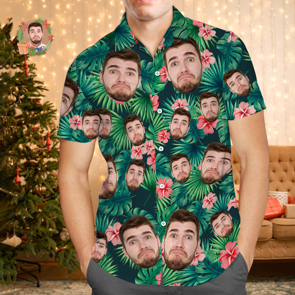 Custom Face Hawaiian Shirt Personalized Birthday Flowers And Leaves Beach Holiday Christmas Face Hawaiian Shirt - MyFaceUnderwearAU