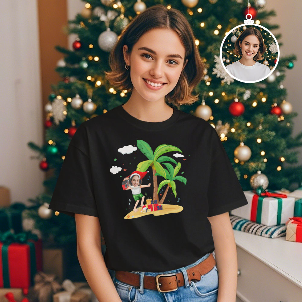 Custom Face Photo T-shirt Santa Christmas Palm Tree Lights Xmas T-Shirt - MyFaceUnderwearAU