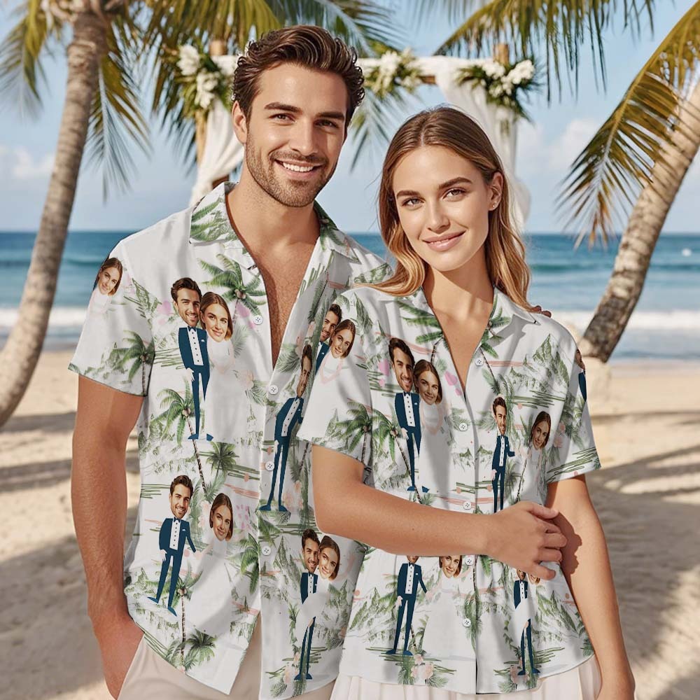 Personalized Face Hawaiian Shirt Wedding Tropical Green Flamingo Face Hawaiian Shirt Wedding Favor - MyFaceUnderwearAU
