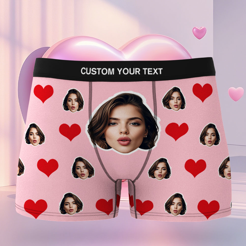Custom Men's Face Boxer Red Heart Boxers Face Boxer Briefs Personalized Red Face Boxer Briefs Valentine's Day Underwear Gift