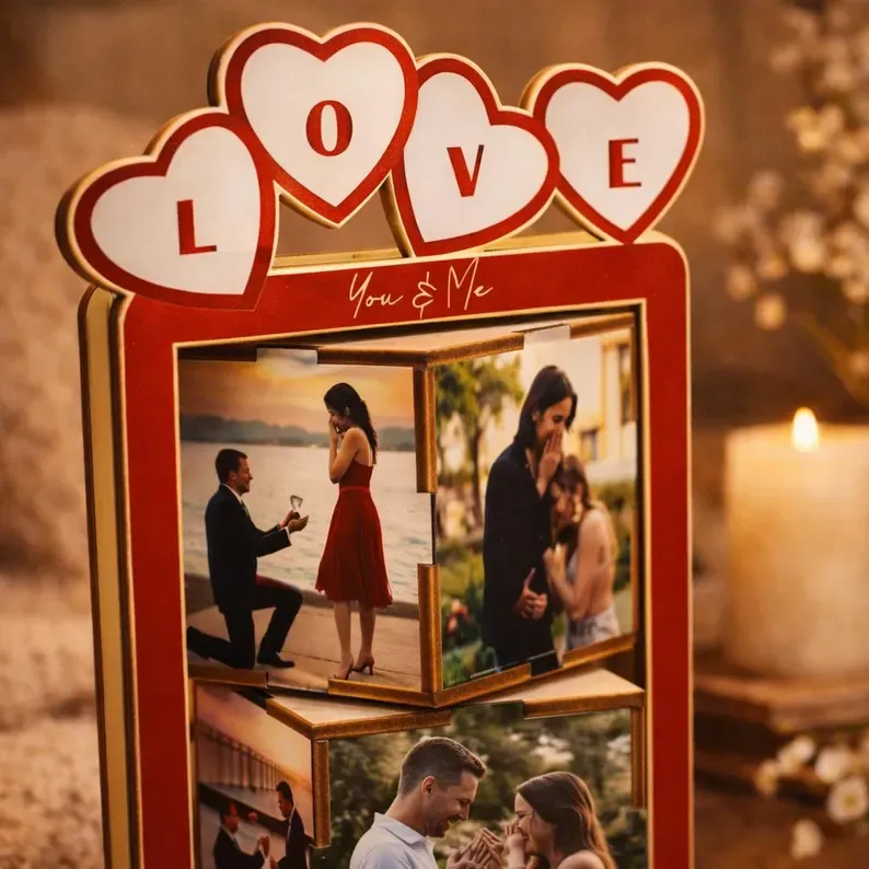 Personalized Wooden Rotating Photo Cube, Valentine Custom Photo Flip Box, Wedding Picture Display, Memory Keepsake,Creative Anniversary Gift