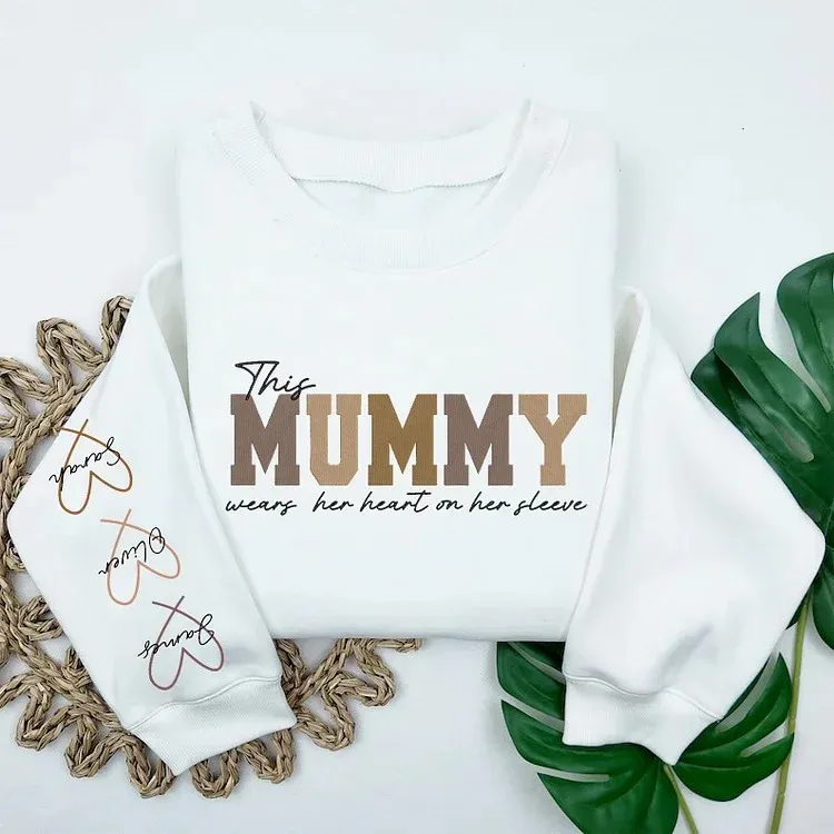 Embroidered Custom Mum Wears Her Heart On Her Sleeve T-Shirts, Sweatshirts, Hoodies