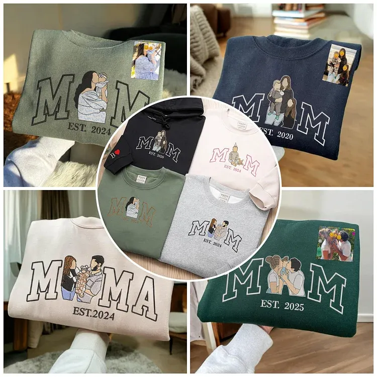 Personalized Mama Mum T-shirt with Photo Custom Embroidered Sweatshirt Mama and Kids Portrait Gift for Mum