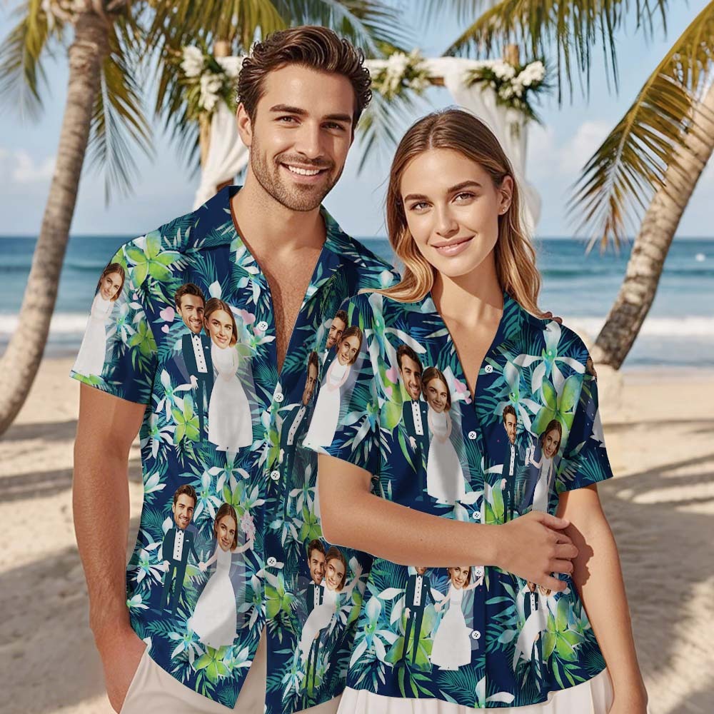 Personalized Face Hawaiian Shirt Wedding Tropical Green Flamingo Face Hawaiian Shirt Wedding Favor - MyFaceUnderwearAU