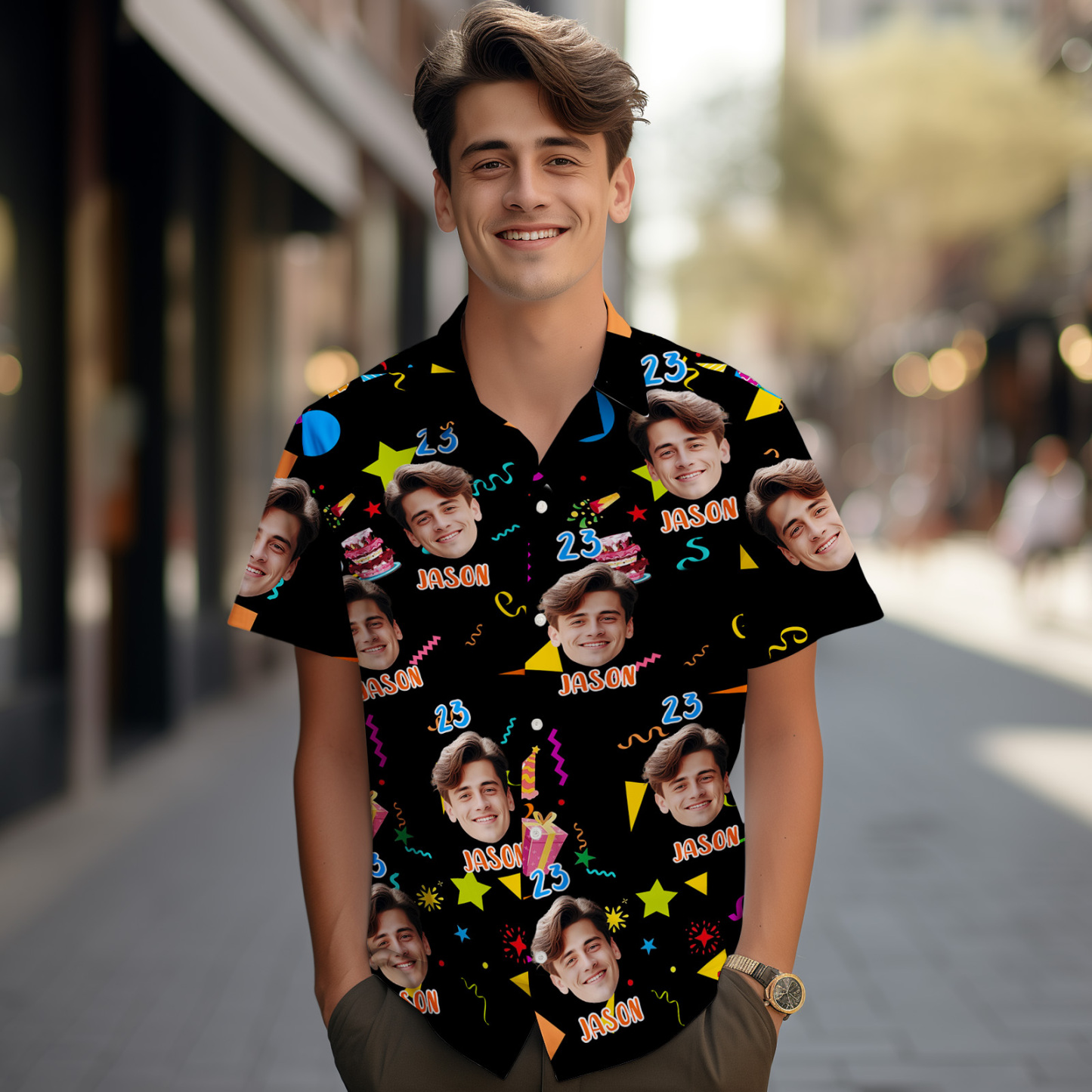 Custom Face Hawaiian Shirt Personalized Birthday Cake Name and Age Face Men Hawaiian Shirt Birthday Party Gift - MyFaceUnderwearAU
