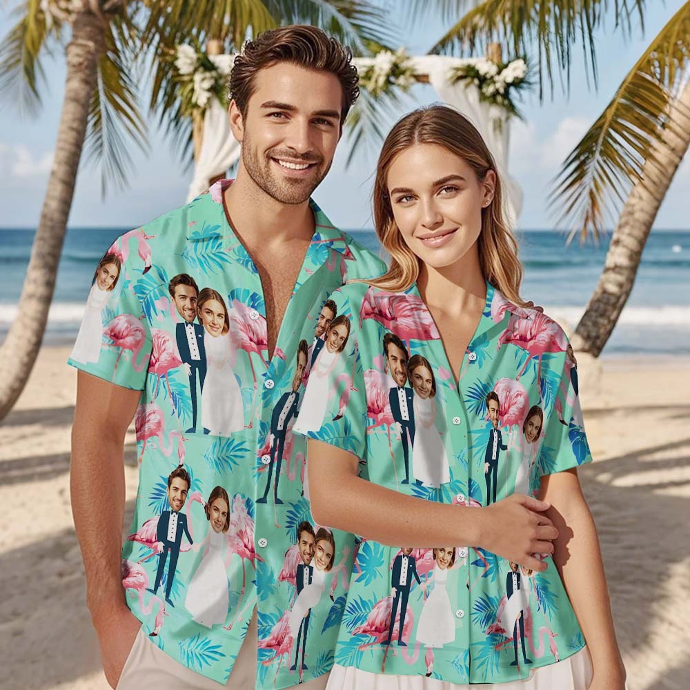 Personalized Face Hawaiian Shirt Wedding Tropical Green Flamingo Face Hawaiian Shirt Wedding Favor - MyFaceUnderwearAU