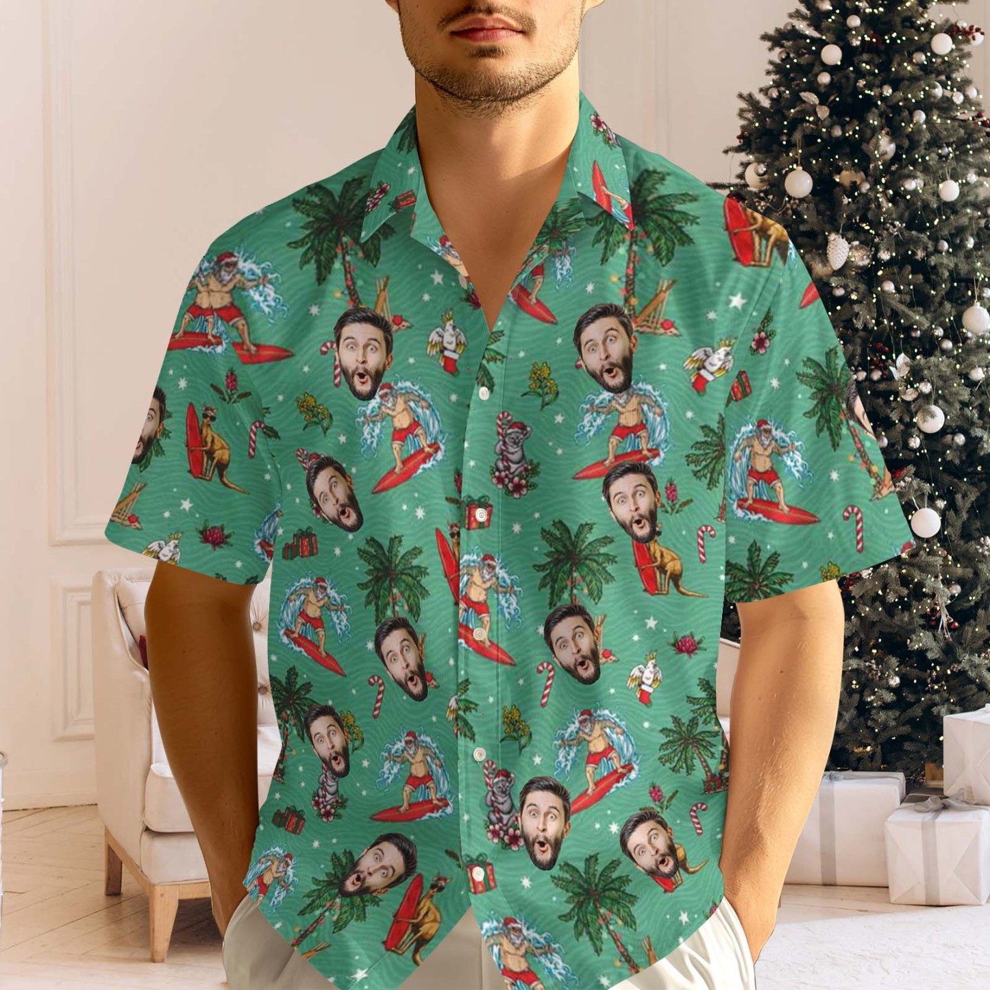 Custom Face Men's Hawaiian Shirt Personalized Santa Beach Holiday Christmas Face Hawaiian Shirt - MyFaceUnderwearAU