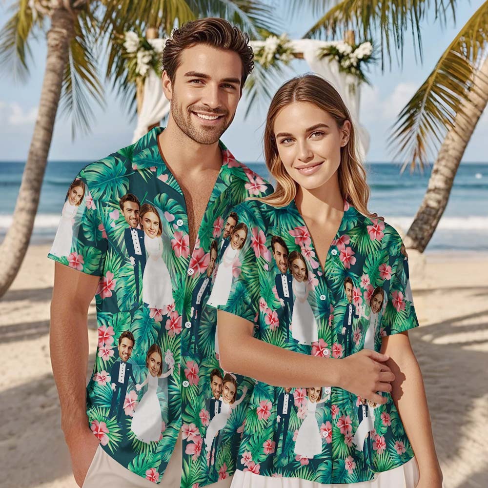 Personalized Face Hawaiian Shirt Wedding Tropical Green Flamingo Face Hawaiian Shirt Wedding Favor - MyFaceUnderwearAU