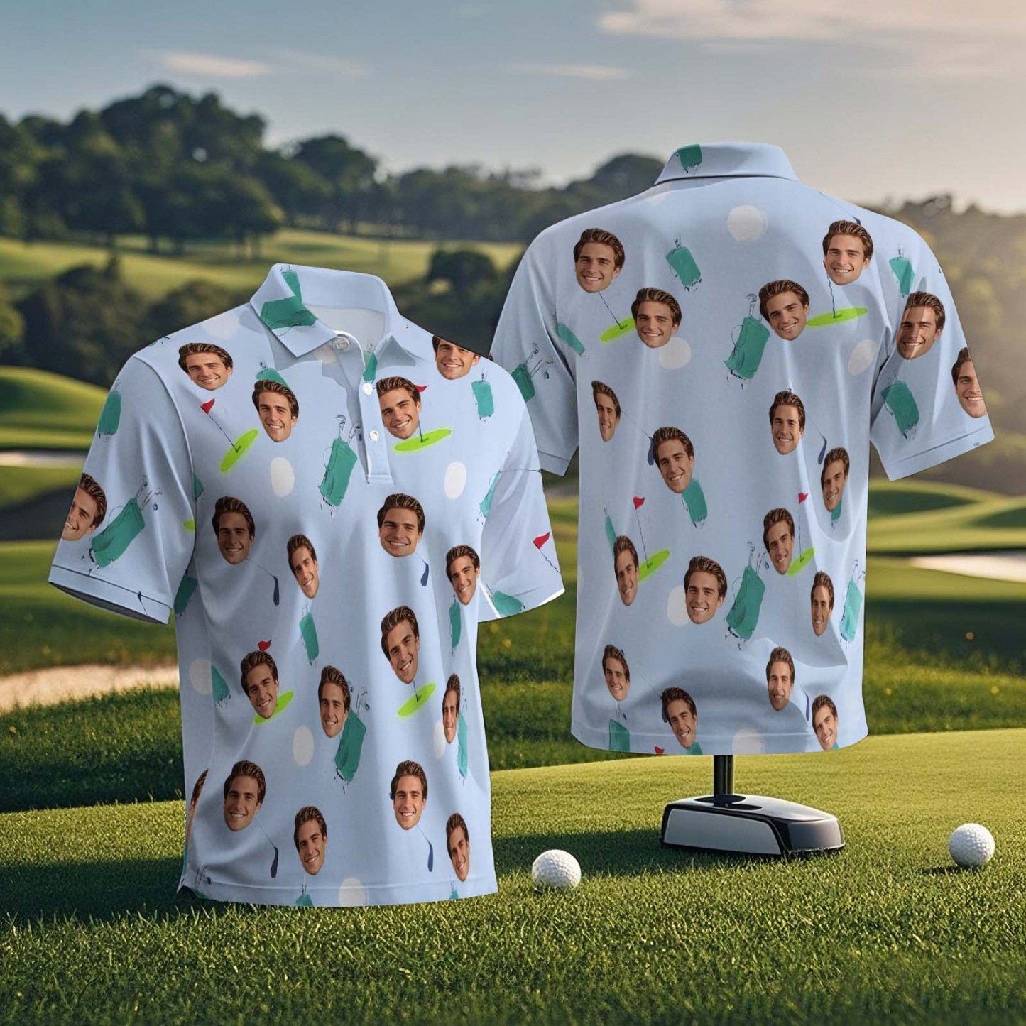 Custom Face Polo Shirt for Golfer Face on Shirt Gifts for Husband Personalized Golf Course Green Short Sleeve Golf Shirt - MyFaceUnderwearAU