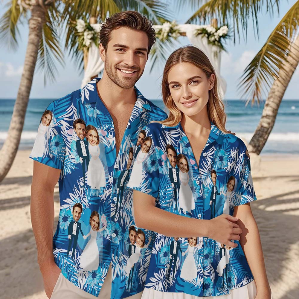 Personalized Face Hawaiian Shirt Wedding Tropical Green Flamingo Face Hawaiian Shirt Wedding Favor - MyFaceUnderwearAU