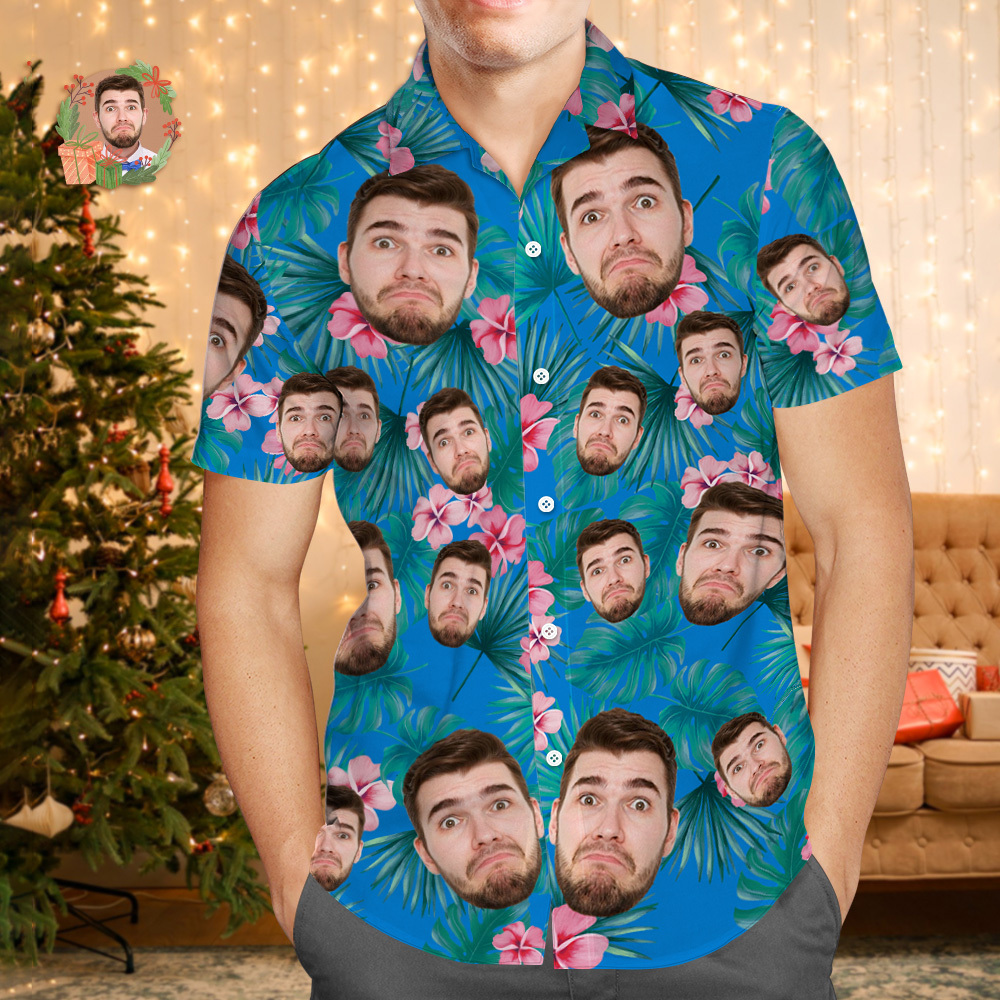 Custom Face Hawaiian Shirt Personalized Birthday Flowers And Leaves Beach Holiday Christmas Face Hawaiian Shirt - MyFaceUnderwearAU