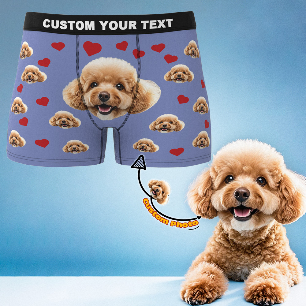 Custom Boxers with Pet Photo Men Underwear with Pet Face Personalized Blue Boxer Briefs with Tex Birthday Gift for Pet Dad Valentine's Day - MyFaceUnderwearAU