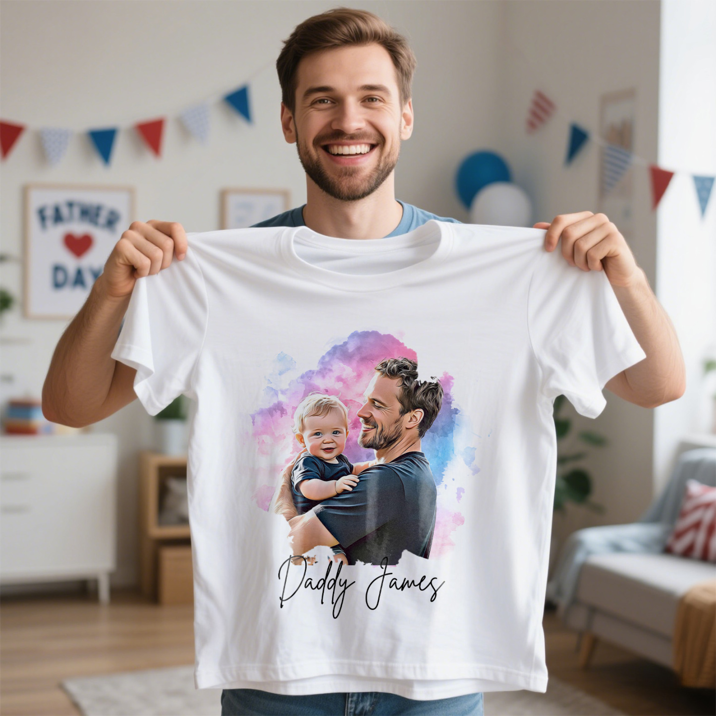 Personalized Father Shirt Name and Photo Shirt Custom Fathers Day Oil Painting Effect T Shirt Gift - MyFaceUnderwearAU