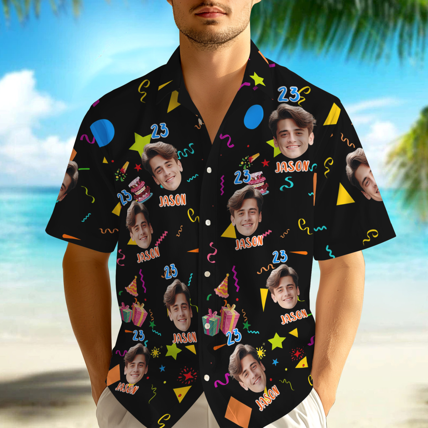Custom Face Hawaiian Shirt Personalized Birthday Cake Name and Age Face Men Hawaiian Shirt Birthday Party Gift - MyFaceUnderwearAU
