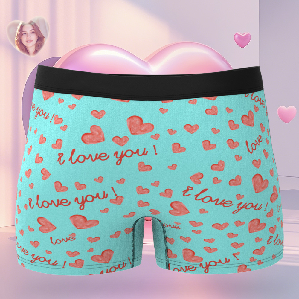 Custom Face Men's Boxer Teal Underwear Gifts for Husband I Love You Heart Men Face Boxer - MyFaceUnderwearAU
