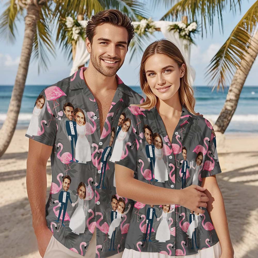 Personalized Face Hawaiian Shirt Wedding Tropical Green Flamingo Face Hawaiian Shirt Wedding Favor - MyFaceUnderwearAU