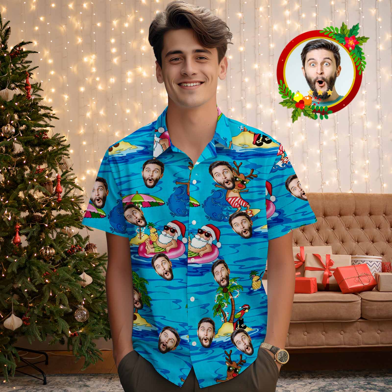 Custom Face Men's Hawaiian Shirt Personalized Santa Beach Holiday Christmas Face Hawaiian Shirt