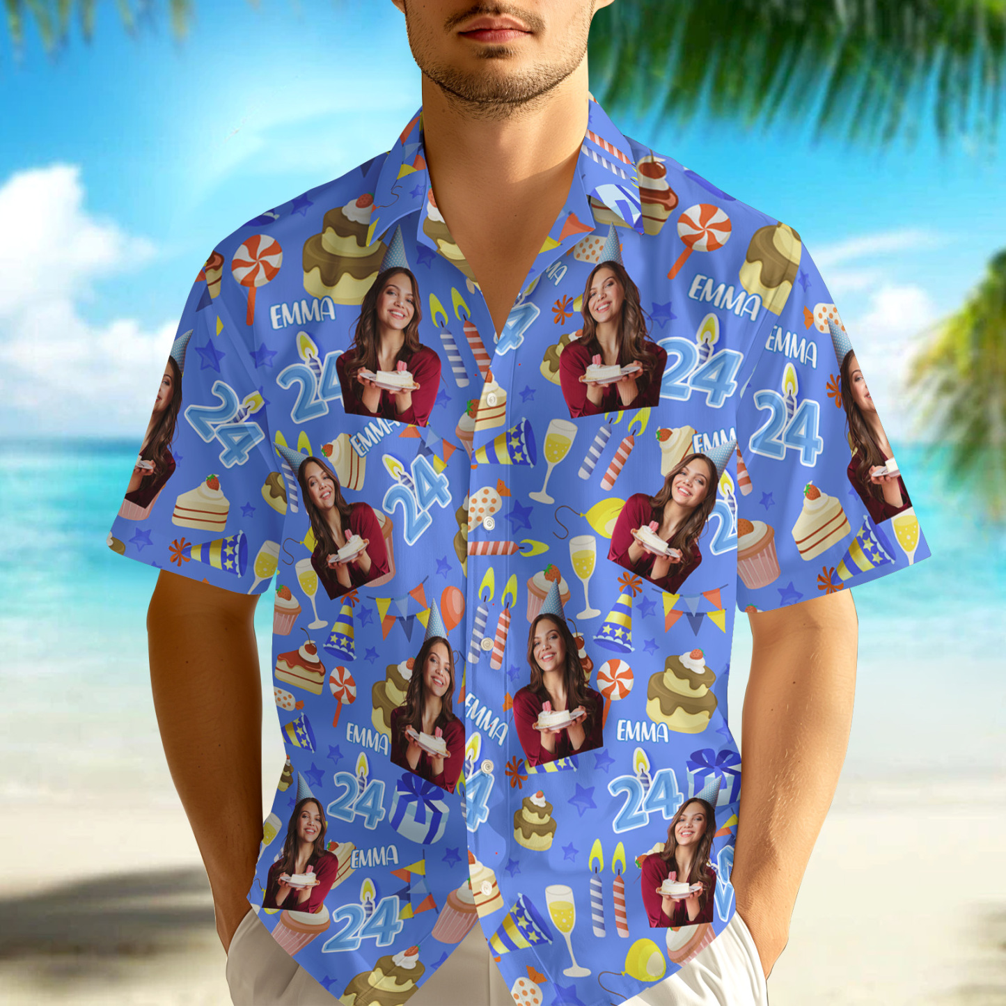 Custom Face Hawaiian Shirt Personalized Birthday Cake Name and Age Face Men Hawaiian Shirt Birthday Party Gift - MyFaceUnderwearAU